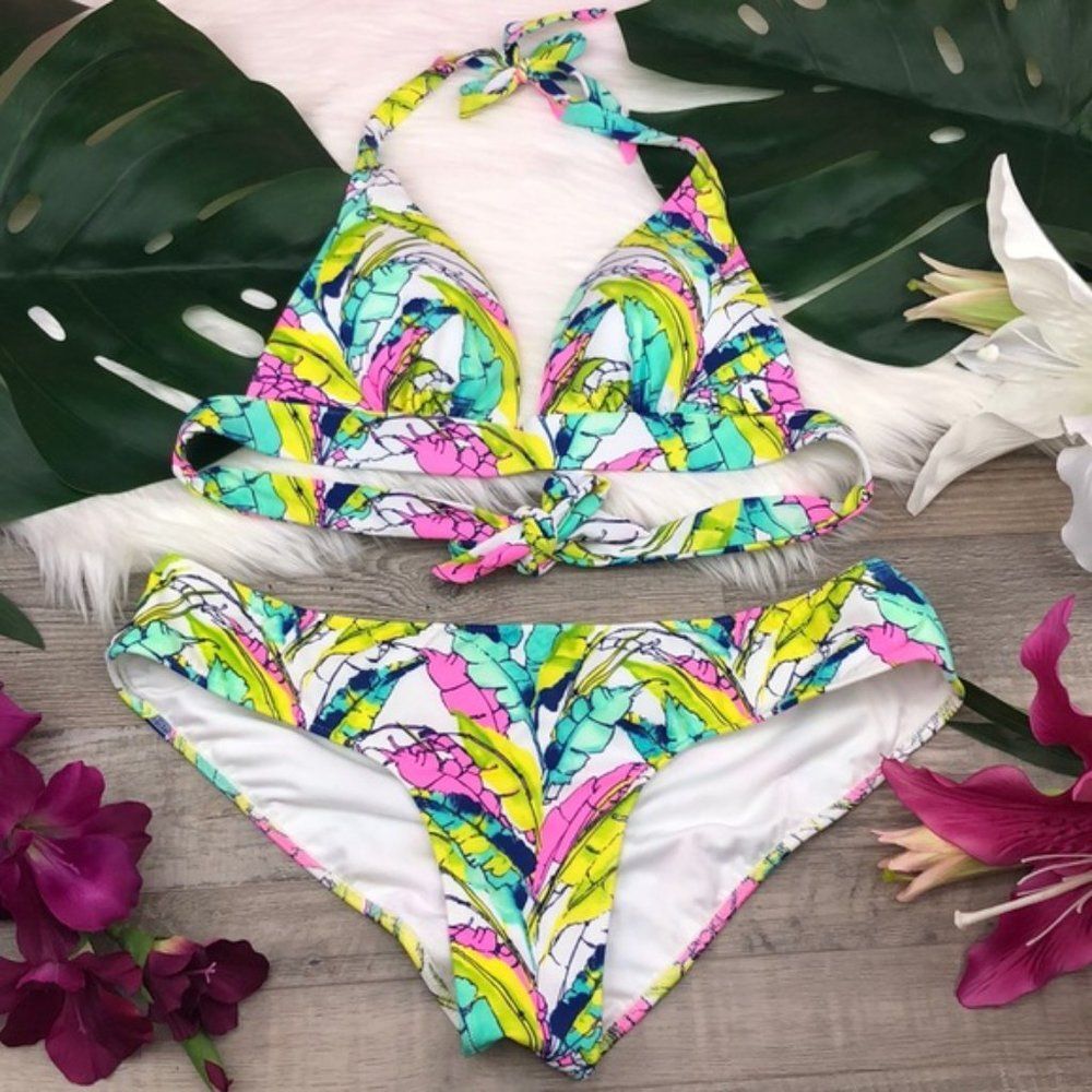 Victoria’s Secret Tropical Vibrant Palm Banana Leaf Bikini S/M NWOT